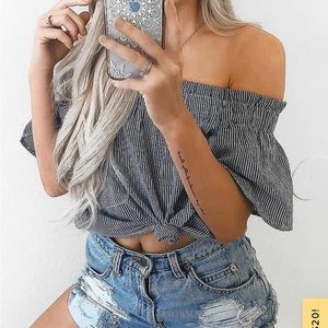 LULU’S Seas The Day Blue and White Stripe Off the Shoulder Top | XS